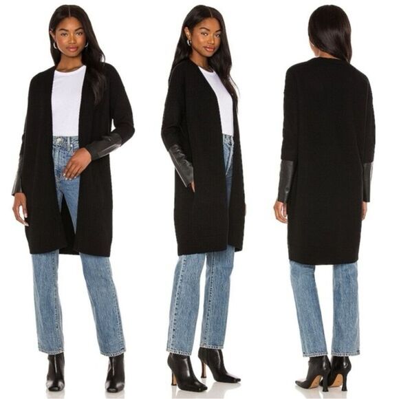Nordstrom Leather Cashmere Black Open Front Long Cardigan Size Small - Picture 1 of 9